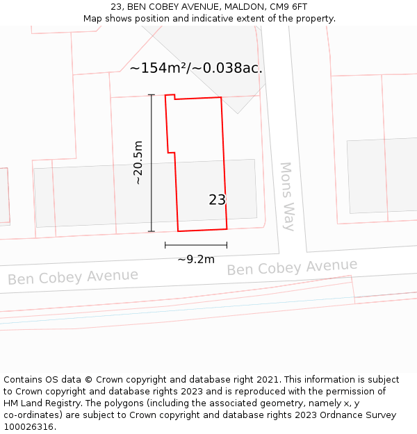 23, BEN COBEY AVENUE, MALDON, CM9 6FT: Plot and title map