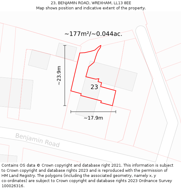 23, BENJAMIN ROAD, WREXHAM, LL13 8EE: Plot and title map