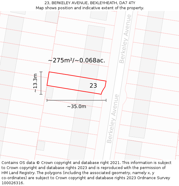 23, BERKELEY AVENUE, BEXLEYHEATH, DA7 4TY: Plot and title map