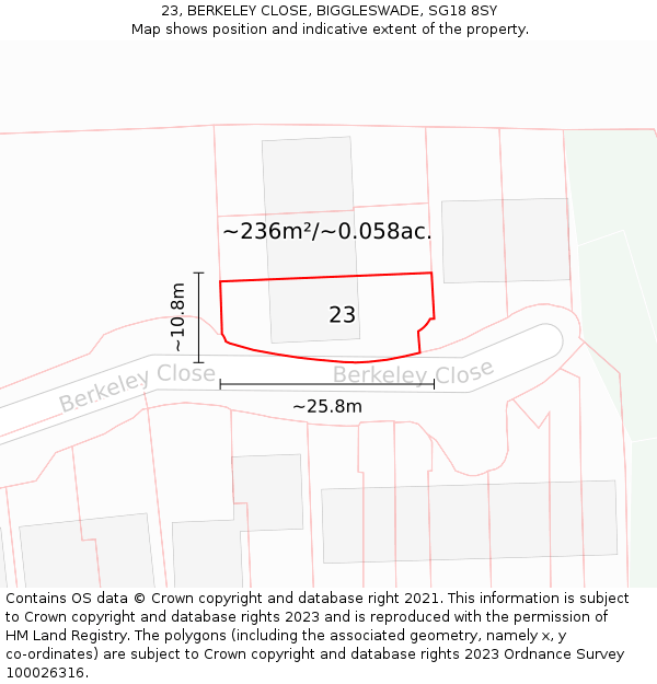 23, BERKELEY CLOSE, BIGGLESWADE, SG18 8SY: Plot and title map