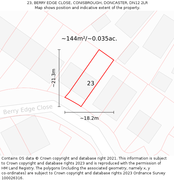 23, BERRY EDGE CLOSE, CONISBROUGH, DONCASTER, DN12 2LR: Plot and title map