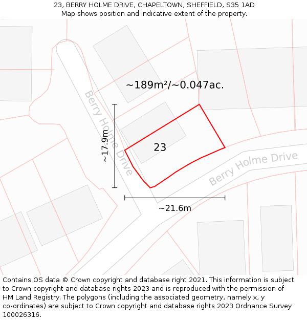 23, BERRY HOLME DRIVE, CHAPELTOWN, SHEFFIELD, S35 1AD: Plot and title map