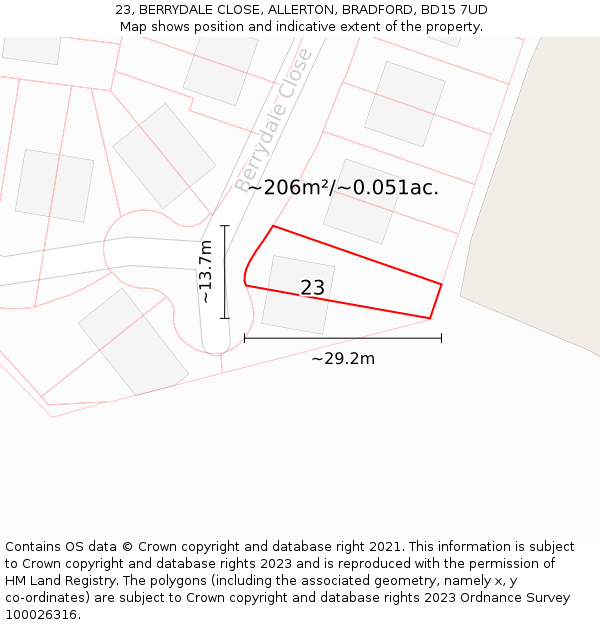 23, BERRYDALE CLOSE, ALLERTON, BRADFORD, BD15 7UD: Plot and title map