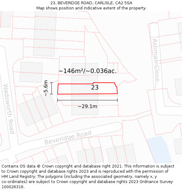 23, BEVERIDGE ROAD, CARLISLE, CA2 5SA: Plot and title map