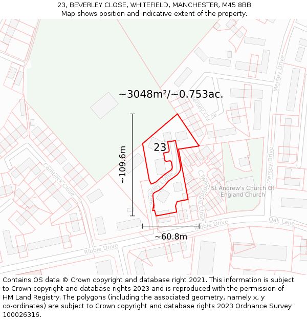 23, BEVERLEY CLOSE, WHITEFIELD, MANCHESTER, M45 8BB: Plot and title map