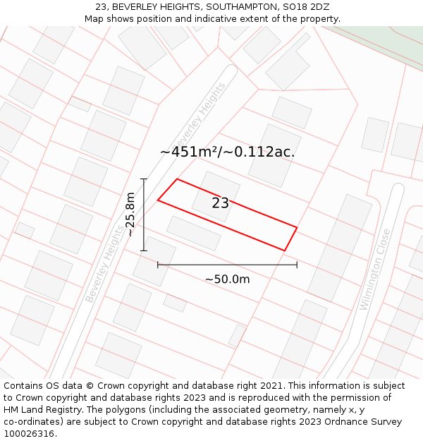 23, BEVERLEY HEIGHTS, SOUTHAMPTON, SO18 2DZ: Plot and title map