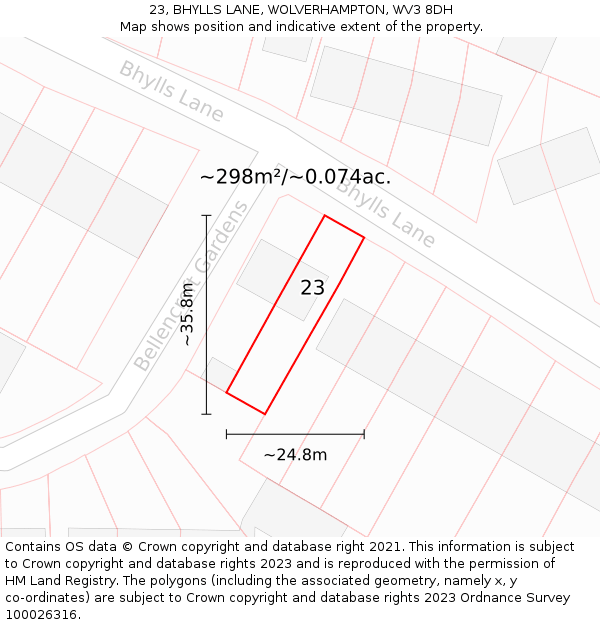 23, BHYLLS LANE, WOLVERHAMPTON, WV3 8DH: Plot and title map