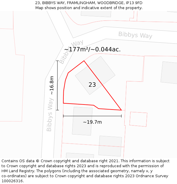 23, BIBBYS WAY, FRAMLINGHAM, WOODBRIDGE, IP13 9FD: Plot and title map