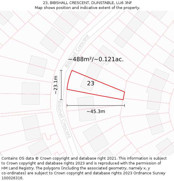 23, BIBSHALL CRESCENT, DUNSTABLE, LU6 3NF: Plot and title map