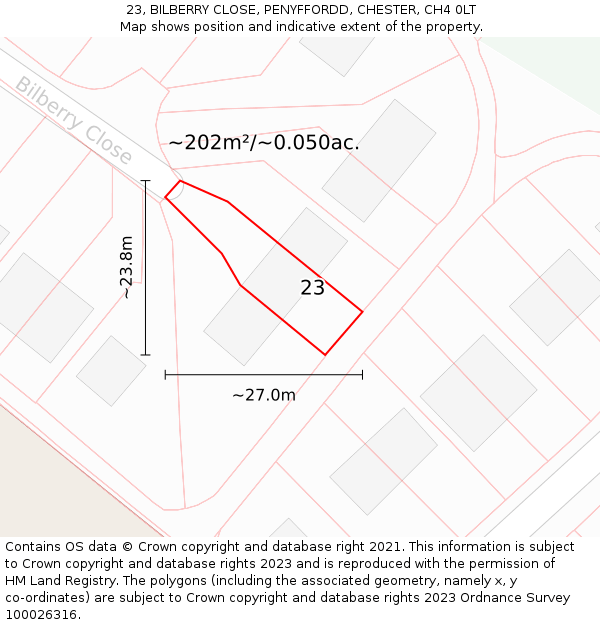 23, BILBERRY CLOSE, PENYFFORDD, CHESTER, CH4 0LT: Plot and title map