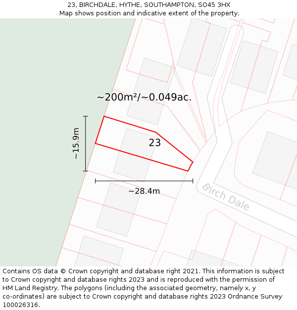 23, BIRCHDALE, HYTHE, SOUTHAMPTON, SO45 3HX: Plot and title map