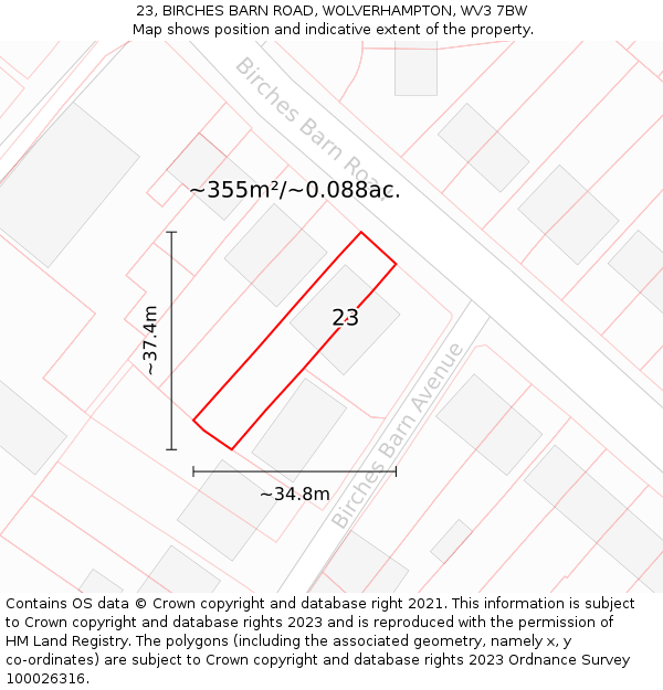 23, BIRCHES BARN ROAD, WOLVERHAMPTON, WV3 7BW: Plot and title map