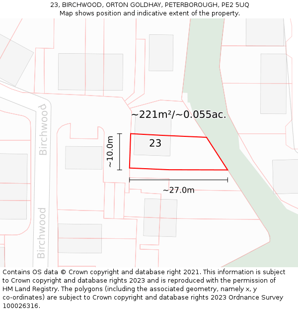 23, BIRCHWOOD, ORTON GOLDHAY, PETERBOROUGH, PE2 5UQ: Plot and title map