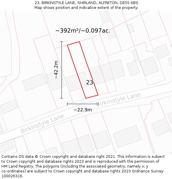 23, BIRKINSTYLE LANE, SHIRLAND, ALFRETON, DE55 6BS: Plot and title map