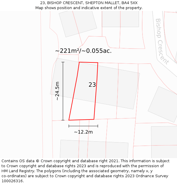 23, BISHOP CRESCENT, SHEPTON MALLET, BA4 5XX: Plot and title map
