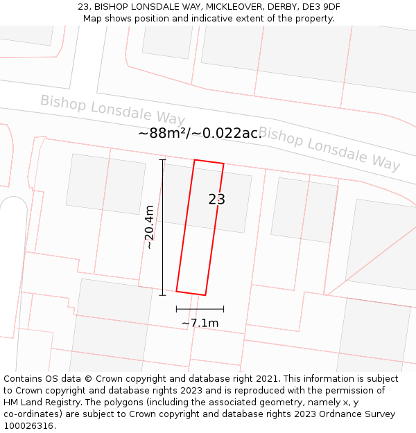 23, BISHOP LONSDALE WAY, MICKLEOVER, DERBY, DE3 9DF: Plot and title map