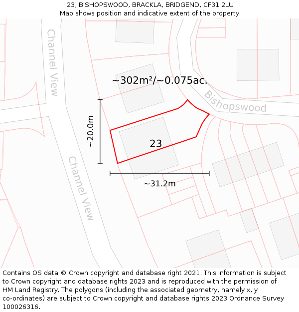 23, BISHOPSWOOD, BRACKLA, BRIDGEND, CF31 2LU: Plot and title map