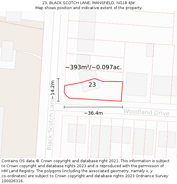 23, BLACK SCOTCH LANE, MANSFIELD, NG18 4JW: Plot and title map