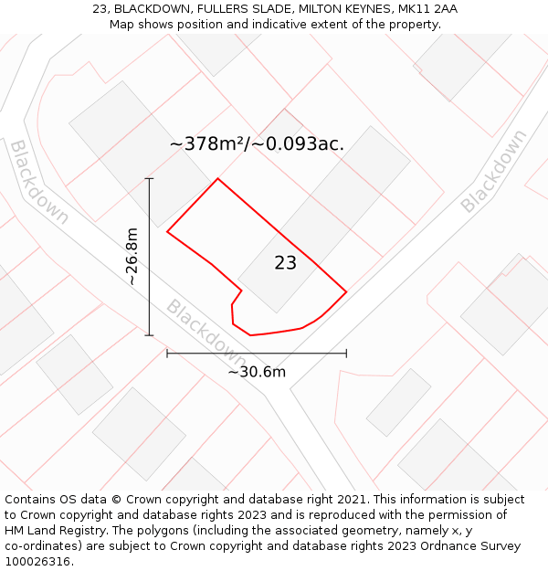 23, BLACKDOWN, FULLERS SLADE, MILTON KEYNES, MK11 2AA: Plot and title map