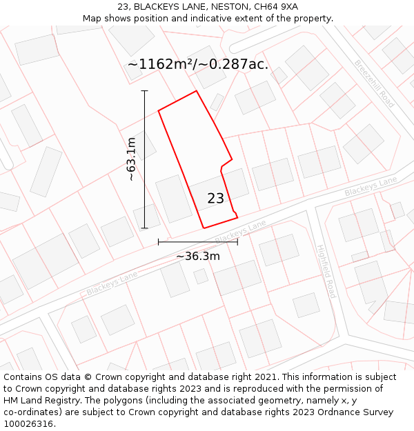 23, BLACKEYS LANE, NESTON, CH64 9XA: Plot and title map