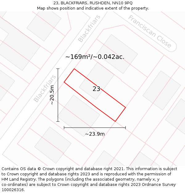 23, BLACKFRIARS, RUSHDEN, NN10 9PQ: Plot and title map
