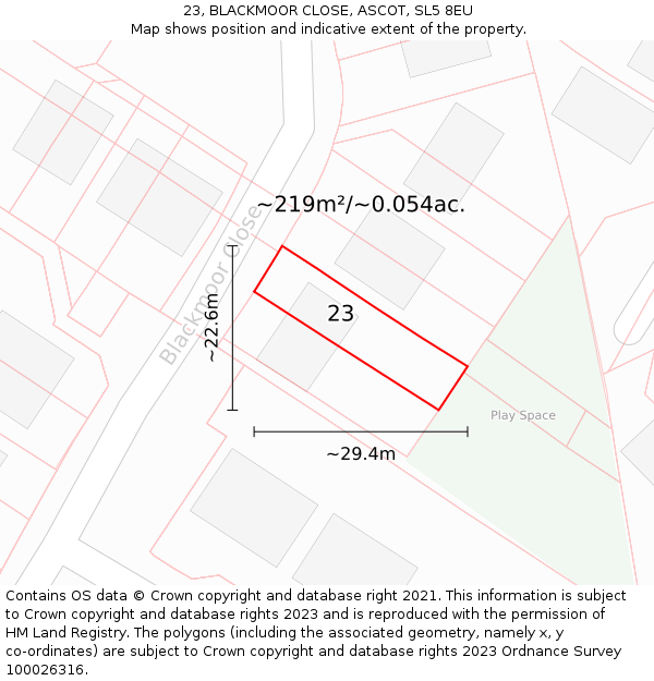 23, BLACKMOOR CLOSE, ASCOT, SL5 8EU: Plot and title map