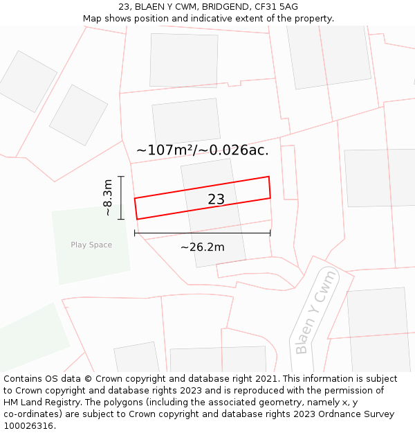 23, BLAEN Y CWM, BRIDGEND, CF31 5AG: Plot and title map