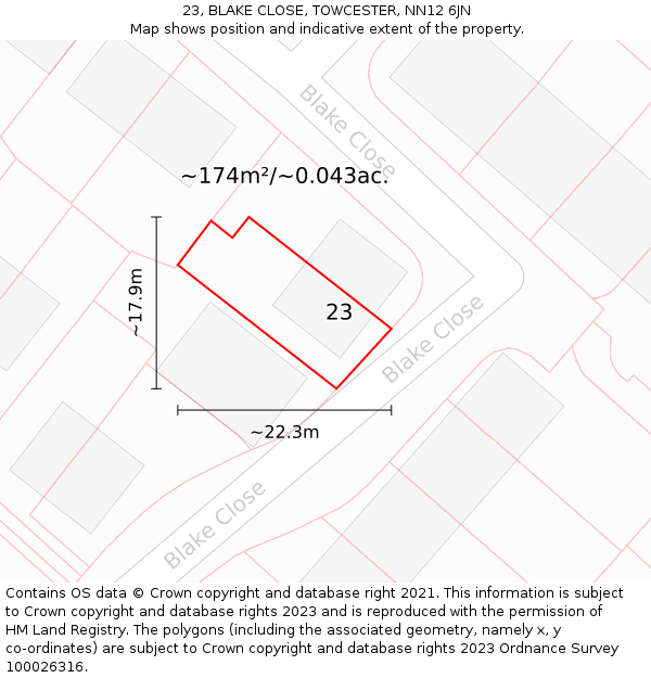 23, BLAKE CLOSE, TOWCESTER, NN12 6JN: Plot and title map