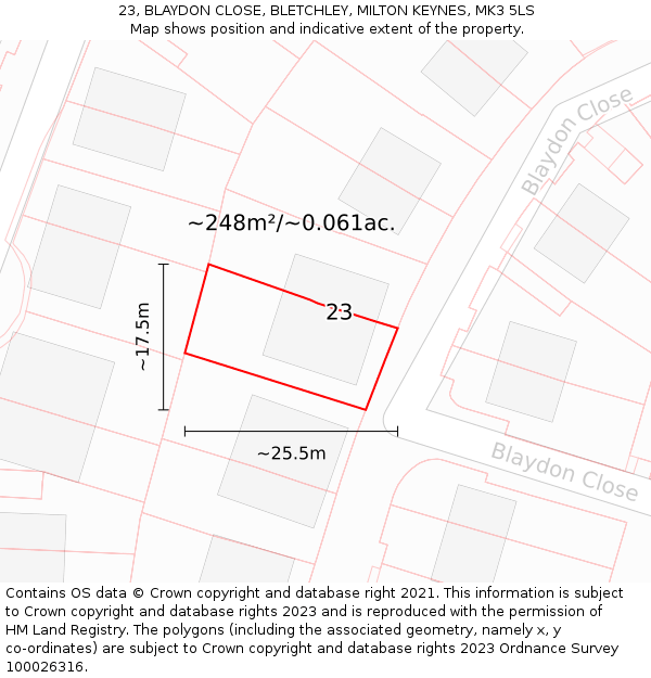 23, BLAYDON CLOSE, BLETCHLEY, MILTON KEYNES, MK3 5LS: Plot and title map
