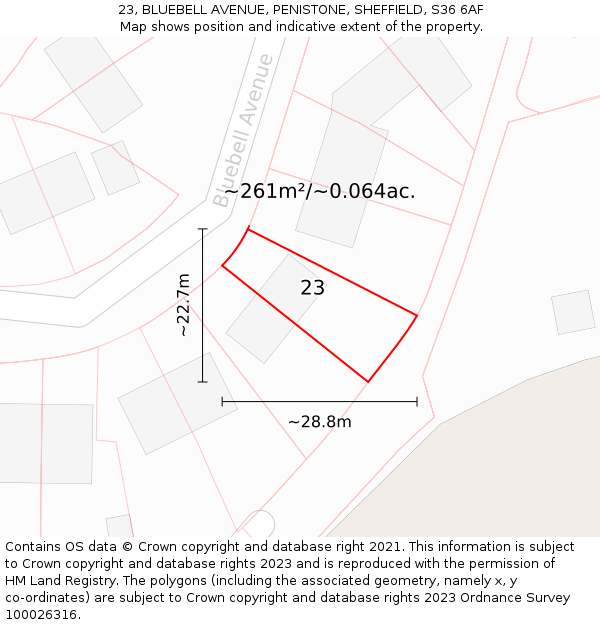 23, BLUEBELL AVENUE, PENISTONE, SHEFFIELD, S36 6AF: Plot and title map