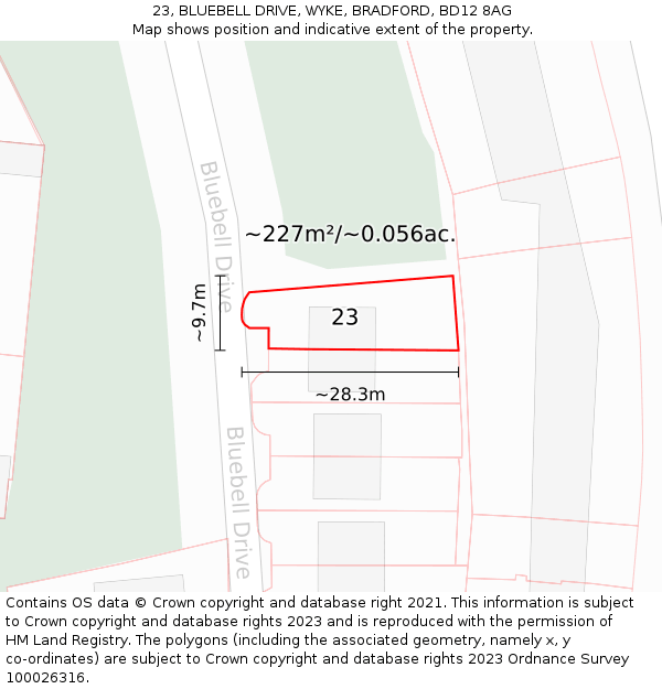 23, BLUEBELL DRIVE, WYKE, BRADFORD, BD12 8AG: Plot and title map