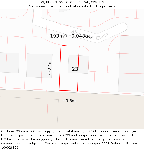 23, BLUNSTONE CLOSE, CREWE, CW2 8LS: Plot and title map