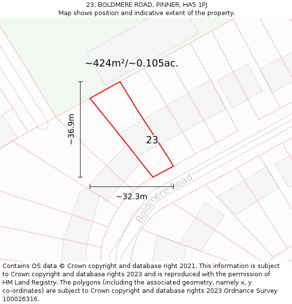 23, BOLDMERE ROAD, PINNER, HA5 1PJ: Plot and title map