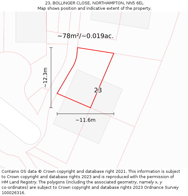23, BOLLINGER CLOSE, NORTHAMPTON, NN5 6EL: Plot and title map