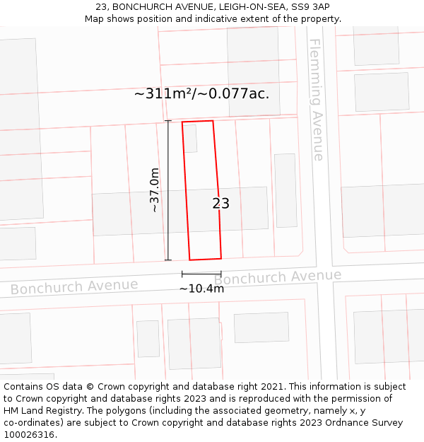 23, BONCHURCH AVENUE, LEIGH-ON-SEA, SS9 3AP: Plot and title map
