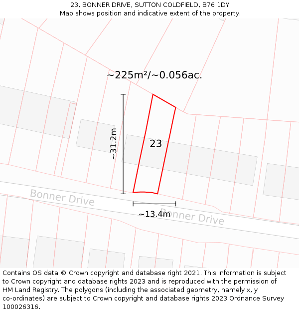 23, BONNER DRIVE, SUTTON COLDFIELD, B76 1DY: Plot and title map