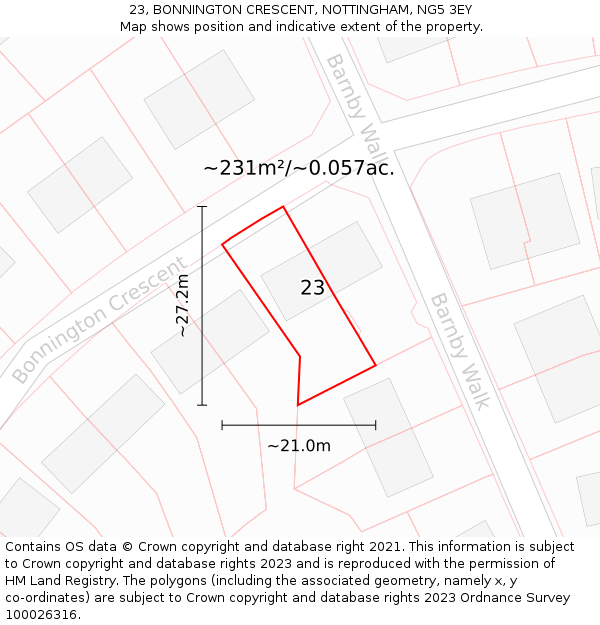 23, BONNINGTON CRESCENT, NOTTINGHAM, NG5 3EY: Plot and title map