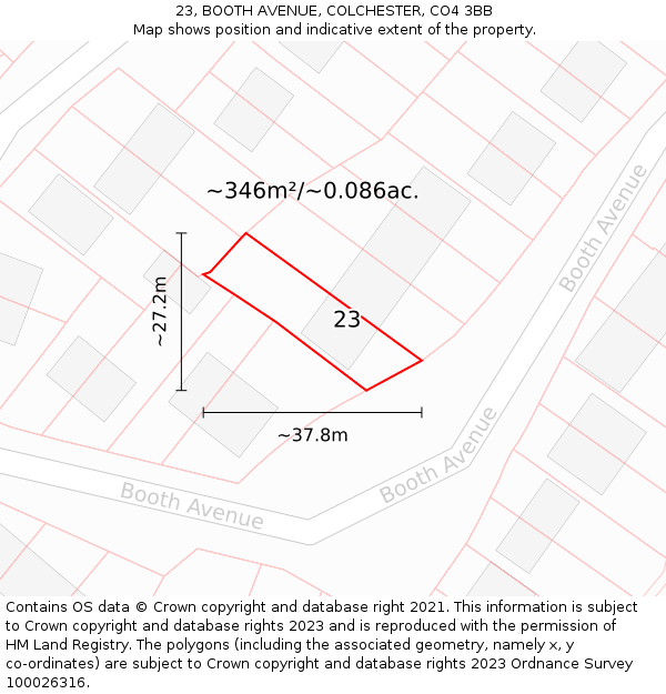 23, BOOTH AVENUE, COLCHESTER, CO4 3BB: Plot and title map