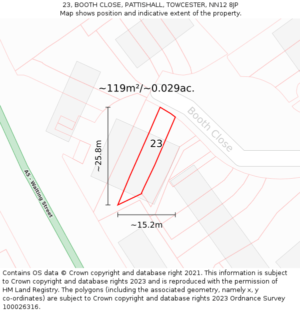 23, BOOTH CLOSE, PATTISHALL, TOWCESTER, NN12 8JP: Plot and title map
