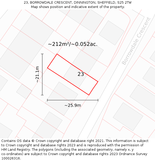 23, BORROWDALE CRESCENT, DINNINGTON, SHEFFIELD, S25 2TW: Plot and title map
