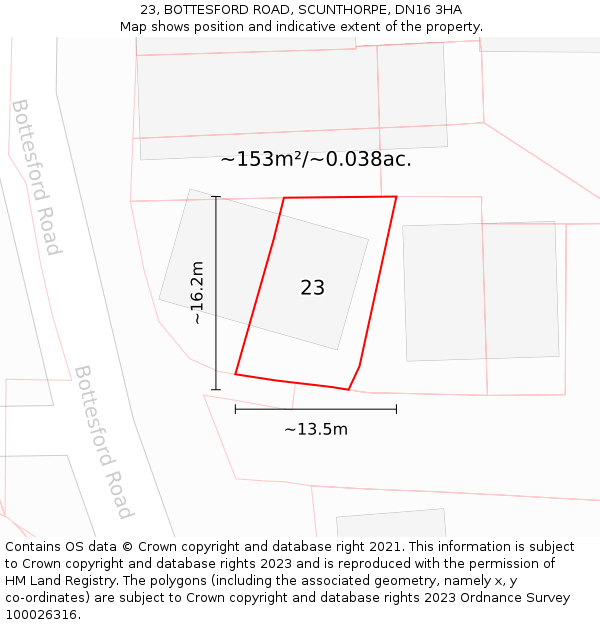 23, BOTTESFORD ROAD, SCUNTHORPE, DN16 3HA: Plot and title map