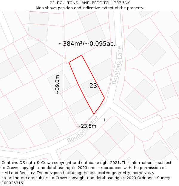 23, BOULTONS LANE, REDDITCH, B97 5NY: Plot and title map