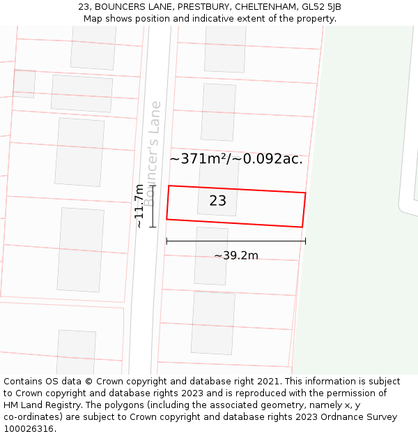 23, BOUNCERS LANE, PRESTBURY, CHELTENHAM, GL52 5JB: Plot and title map