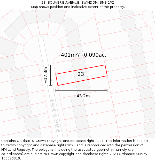 23, BOUVERIE AVENUE, SWINDON, SN3 1PZ: Plot and title map