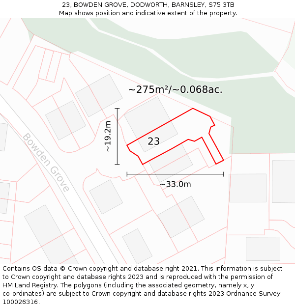 23, BOWDEN GROVE, DODWORTH, BARNSLEY, S75 3TB: Plot and title map