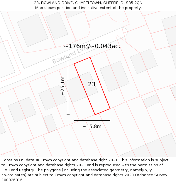 23, BOWLAND DRIVE, CHAPELTOWN, SHEFFIELD, S35 2QN: Plot and title map