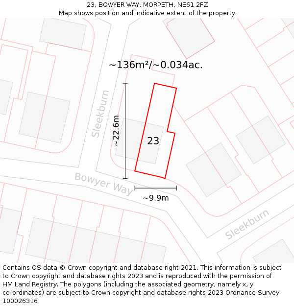 23, BOWYER WAY, MORPETH, NE61 2FZ: Plot and title map