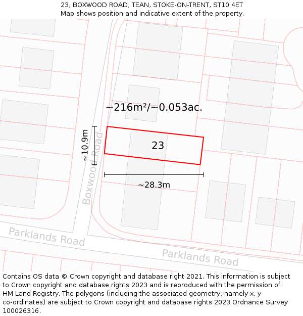 23, BOXWOOD ROAD, TEAN, STOKE-ON-TRENT, ST10 4ET: Plot and title map