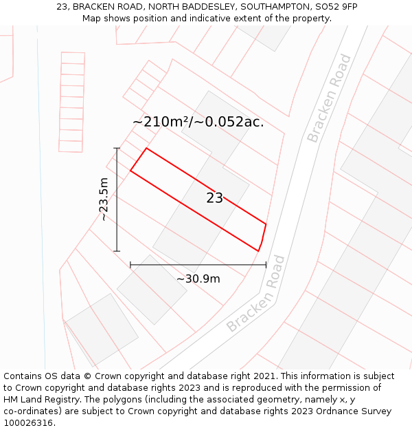23, BRACKEN ROAD, NORTH BADDESLEY, SOUTHAMPTON, SO52 9FP: Plot and title map