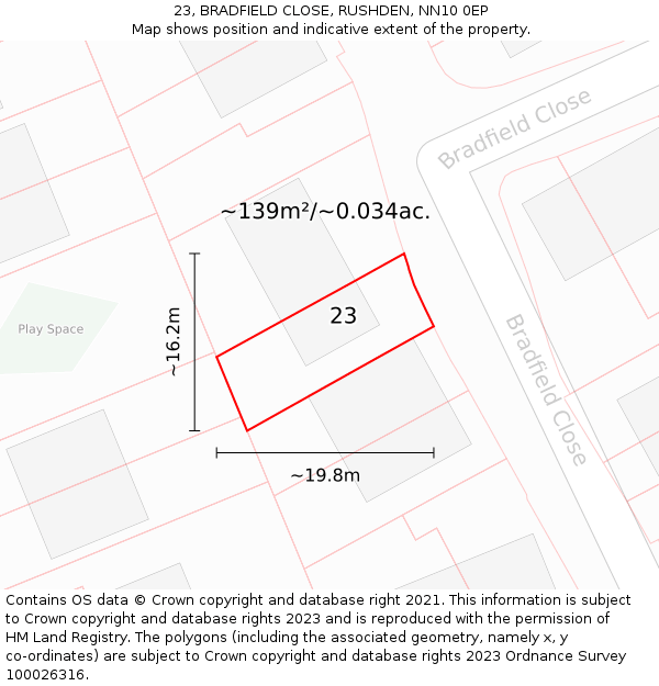 23, BRADFIELD CLOSE, RUSHDEN, NN10 0EP: Plot and title map